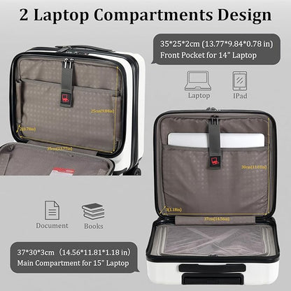 16 Inch Carry On Luggage with 2 Compartments for 14” & 15” Laptop, 16.14*8*17.12” Rolling Briefcase, Lightweight Hardshell ABS+PC Suitcase with Spinner Silent Wheels, for Business Trip, Milky White