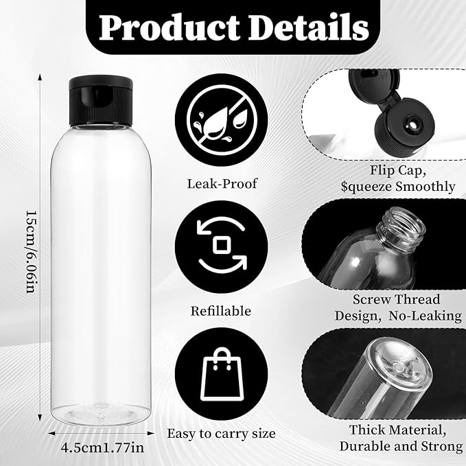 Travel Bottles for Toiletries 7 oz Leak Proof Dispenser Containers with Flip Cap Portable Refillable Plastic Dispenser Set for Shampoo, Lotion, and More (6 Pcs)
