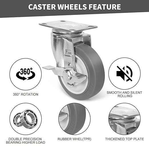 4 Inch Caster Wheels, Rubber Wheels Silent Castor- Set of 4 Heavy Duty Caster Wheels with Brake 1600Lbs, Industrial Plate Casters Wheels for Cart Furniture Workbench (4 Side Brake)