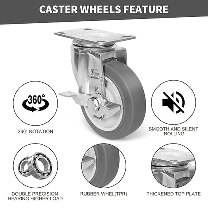 4 Inch Caster Wheels, Rubber Wheels Silent Castor- Set of 4 Heavy Duty Caster Wheels with Brake 1600Lbs, Industrial Plate Casters Wheels for Cart Furniture Workbench (4 Side Brake)