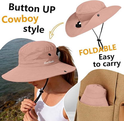 ZOORON Women's Ponytail Safari Sun Hat,Wide Brim UV Protection Outdoor Bucket Hat,Foldable Beach Summer Fishing Hat