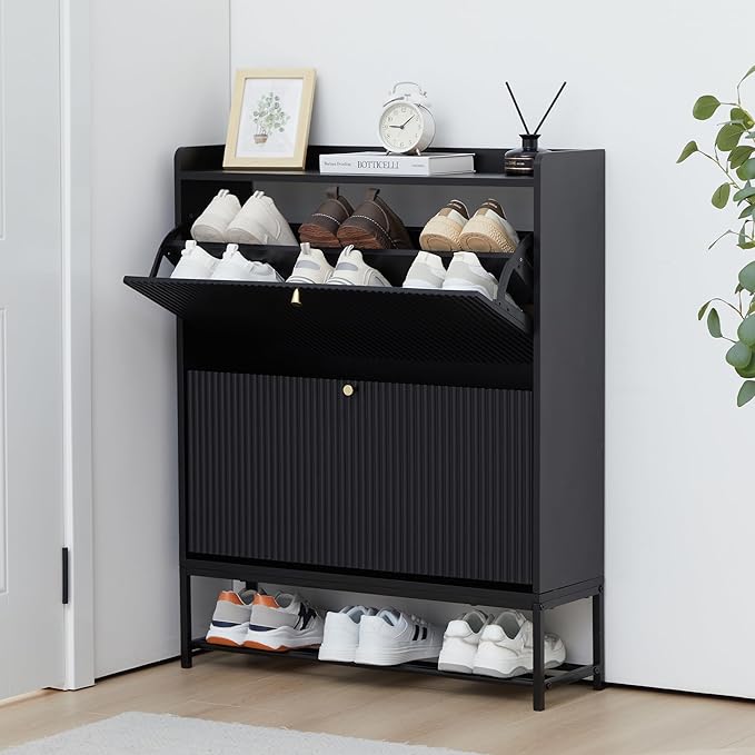 RARZOE Fluted Shoe Cabinet for Entryway with 2 Flip Drawers, Narrow Wood Shoe Cabinet with Fluted Panel, Slim Hidden Shoe Organizer Closed Shoe Rack with Metal Legs for Foyer,Hallway(31.5''Black)