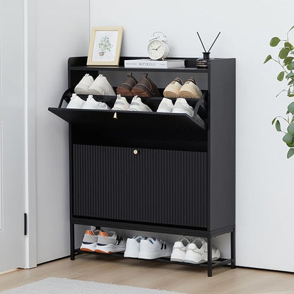 RARZOE Fluted Shoe Cabinet for Entryway with 2 Flip Drawers, Narrow Wood Shoe Cabinet with Fluted Panel, Slim Hidden Shoe Organizer Closed Shoe Rack with Metal Legs for Foyer,Hallway(31.5''Black)