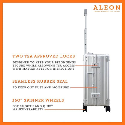 Aleon All Aluminum Lightweight Carry-On Luggage - Hardside Carry-On Suitcase, TSA Approved, Hard Shell Suitcase for Travel, Airline Approved 21 Inch Hard Spinner Wheels Luggage (Platinum)