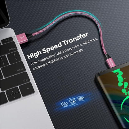 etguuds USB to USB C Cable 1ft, 2-Pack USB A to Type C Charger Cord Fast Charging for Samsung Galaxy A17 A16 A15 A26 A36 A56, S25 S24 S23 S22 S21 S20 S10 Note 20, for iPhone 17 16 15, Moto, Pink