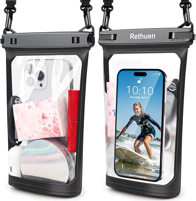 Large Waterproof Phone Pouch, 2Pack Floating Waterproof Bag for iPhone 17 16 15 14 13 Pro Max Galaxy S24 S23 S22 All Phones, Cell Phone Dry Bag for Beach Swimming Rafting Boating (Black + Black)