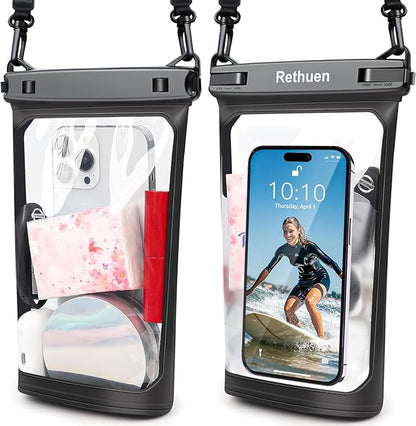 Large Waterproof Phone Pouch, 2Pack Floating Waterproof Bag for iPhone 17 16 15 14 13 Pro Max Galaxy S24 S23 S22 All Phones, Cell Phone Dry Bag for Beach Swimming Rafting Boating (Black + Black)