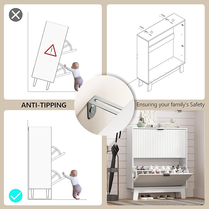 Shoe Cabinet Storage for Entryway with 2 Flip Drawers, Fluted Narrow Shoe Organizer with Wooden Legs, Freestanding Slim Shoe Storage Hidden Shoe Rack Organizer for Front Door Entrance, White