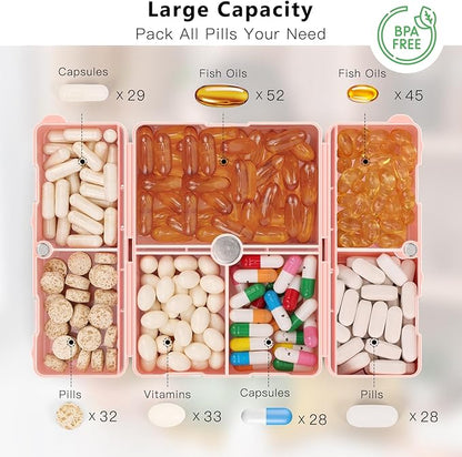 FYY Daily Pill Organizer,2 Pcs 7 Compartments Portable Pill Case Travel,Folding Design Pill Box for Purse Pocket to Hold Vitamins,Cod Liver Oil,Supplements and Medication-Pink