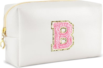 Initial Makeup Bag Personalized Preppy Travel Small Cosmetic Bag Cute PU White Chenille Letter Makeup Pouch for Purse Waterproof Zippered Toiletry Organizer for Women Girls Kids Friends (B)