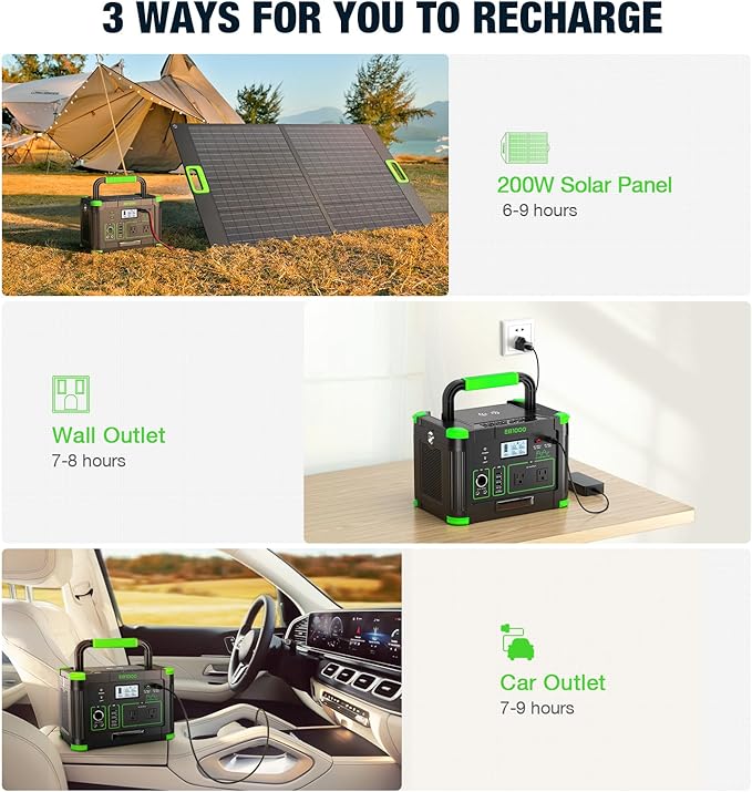 Portable Power Station 1000W, 999Wh Solar Generator, 110V Pure Sine Wave AC Outlets, 60W USB-C PD Fast Charging, 10 Ports for Outdoor Camping RV Van Home Backup Emergency Off-Grid Living（2000W Peak）