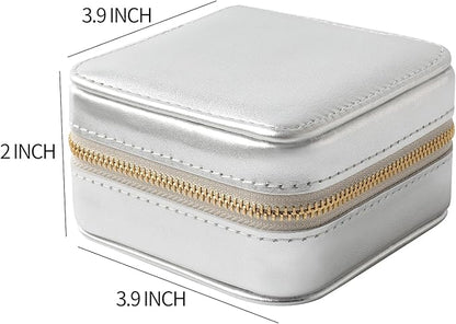 Genuine Leather Travel Jewelry Case Organizer with Mirror for Women, Small Jewelry Box Portable Mini Jewelry Case for Earring, Ring, Necklace, Bracelet(Silver)