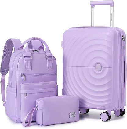 Carry On Luggage Set 22x14x9 Airline Approved, Expandable 20 Inch Carry-On Suitcases With Wheels, Lightweight Luggage Sets 3 Pieces With Backpack, Lavender