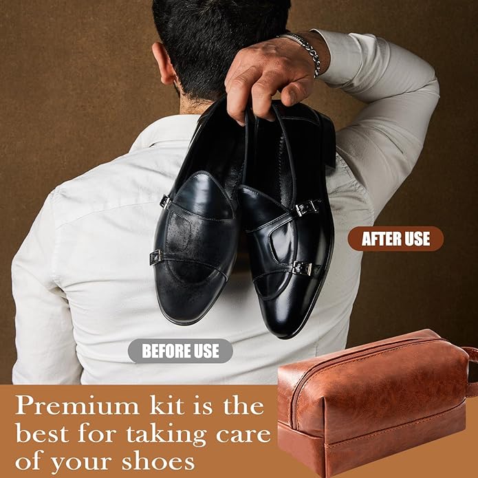 13 Pcs Shoe Polish Kit, Leather Boot Care Kit for Men, Black Shoes Shine Kit for Cleaning with PU Storage Bag