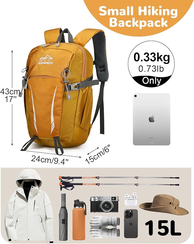 15L Small Padded Hiking Backpack with Chest Strap for Men Women, Lightweight Waterproof Daypack for Travel, Yellow