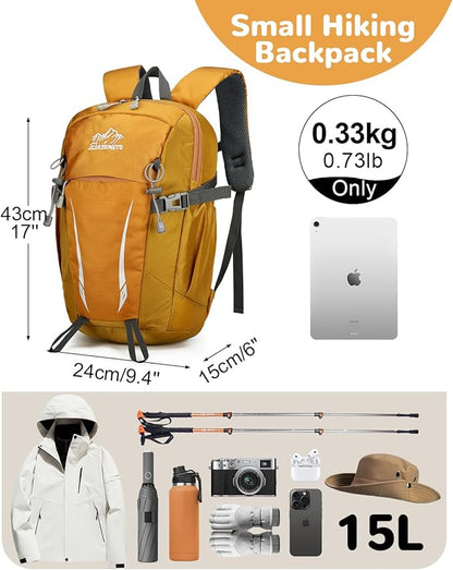 15L Small Padded Hiking Backpack with Chest Strap for Men Women, Lightweight Waterproof Daypack for Travel, Yellow