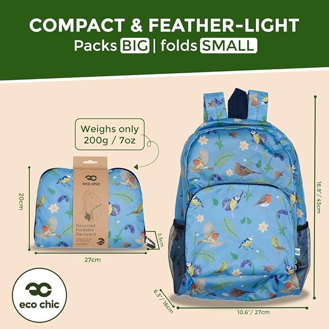 ECO CHIC Hiking Lightweight Packable Backpack - Foldable Daypack for Travel & Hiking & Outdoor Adventures - Waterproof Backpack from Recycled Materials (RSPB Birds Blue)