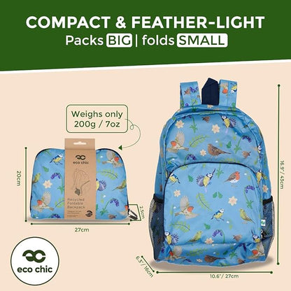 ECO CHIC Hiking Lightweight Packable Backpack - Foldable Daypack for Travel & Hiking & Outdoor Adventures - Waterproof Backpack from Recycled Materials (RSPB Birds Blue)