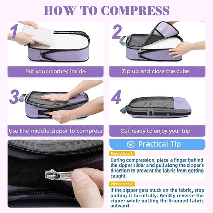 BAGAIL 4 Set/6 Set/8 Set Compression Packing Cubes Travel Accessories Expandable Packing Organizers(HalfMesh,8-Dusty Purple)