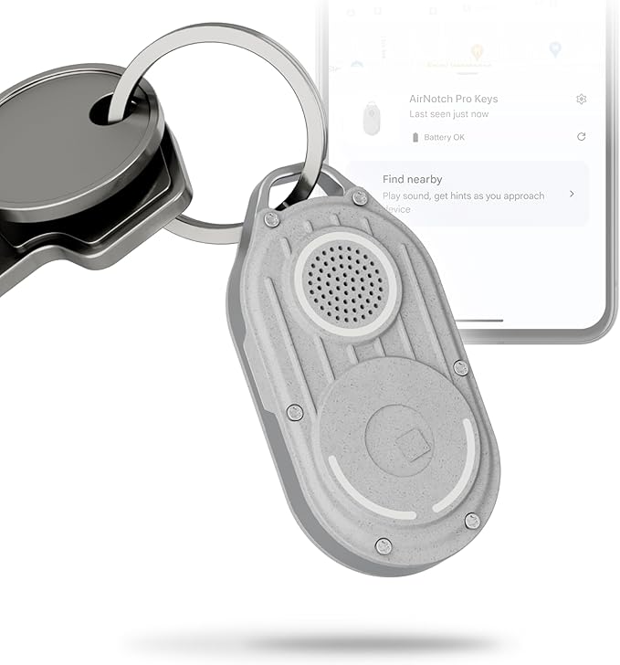 Rolling Square AirNotch Pro – Android Find Hub Only - Bluetooth Tracker Keychain, Replaceable Batteries, Loud 360° Sound, Anti-Loss Locator, Glow-in-The-Dark, Waterproof, White