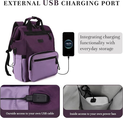 Timeet Laptop Backpack for Women Men, 17 Inch Travel Backpack with USB Charging Port, Water Resistant & Anti-theft for Work College Business, Multifunctional Carry on Backpack, Dark Purple