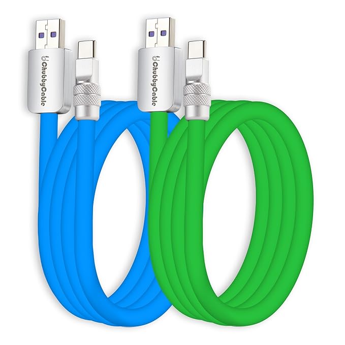 chubbycable Couple Chubby 2-Pack 120W USB C Cable Extra Thick Silicone Fast Charging Cable Compatible with iPhone 17-15 Series iPad Galaxy Series, Blue+Green, USB-A to Type-C, 8.2FT