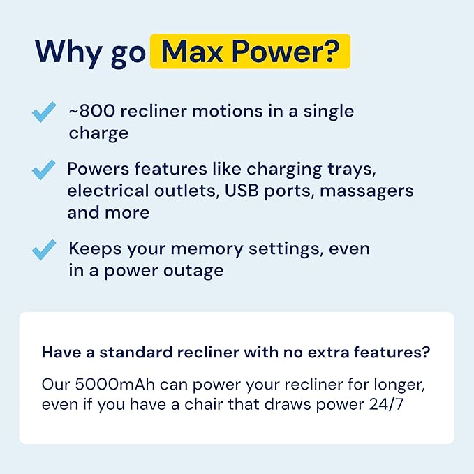 The Blue Cactus Max Power 5000mAh Kit - Battery, Power Transformer, Cords - 2-Pin Connector - Wireless with LED & Low Charge Alert - Couch Battery Pack for Reclining Chairs, Sofas & Loveseats