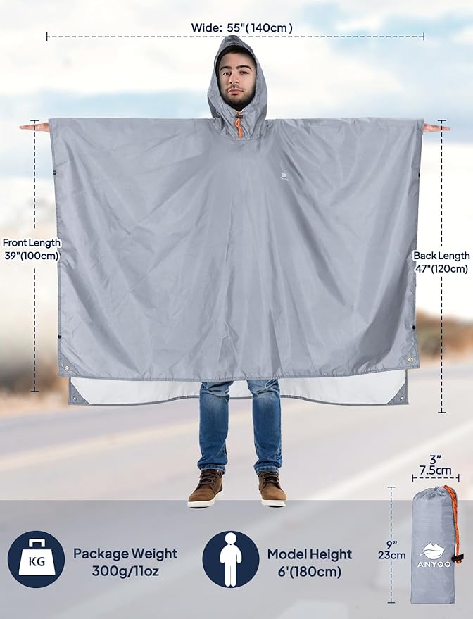 ANYOO Hooded Rain Poncho for Adults Waterproof Lightweight Rain Coat for Men Women Reusable Rain Jacket for Emergency Outdoor