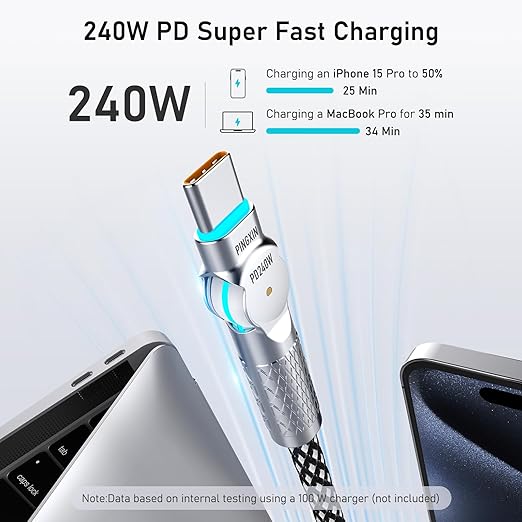 USB C to USB C Cable 6.6ft 240W, 180°Rotating USB C Cable Braided Type C Charger Cable Fast Charge for iPhone 16/16Pro/16Plus/16ProMax,MacBook Air,iPad Pro,Pixel,Samsung Galaxy S23/S24 Ultra-Black