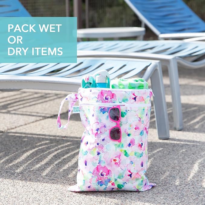 Bumkins - Waterproof Wet and Wetdry Bags - For Beach, Baby, Travel, Swim Suit, Cloth Diapers, Pump Parts, Pool, Gym, Toiletries - Reusable & Easy to Clean - Watercolor Floral - 2 Pack