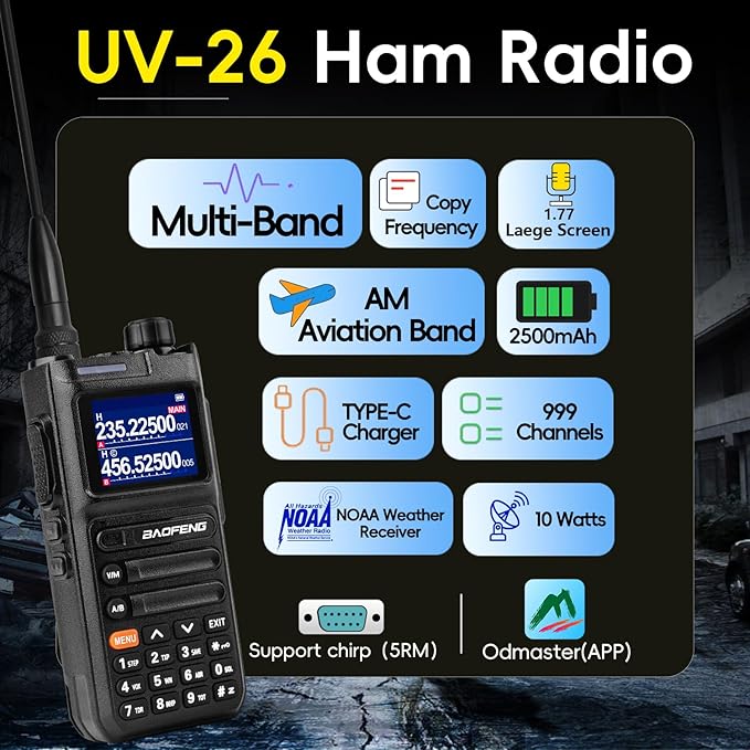 Baofeng Radio Ham Radio Handheld UV-26 10W Long Range Rechargeable NOAA Weather Two Way Radio Walkie Talkie with 18.8-inch High Gain Tactical Antenna for Survival Gear Hunting Camping, 2 Pack