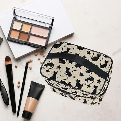 MNSRUU Makeup Bags, Black Cat Stars Makeup Organizer Bags Toiletry Bag Box Travel Cosmetic Bag Make Up Train Case for Women Teen Girl Ladies