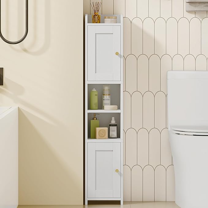Slim Bathroom Storage Cabinet, Narrow Storage Cabinet with 2 Doors, Open Space，Adjustable Shelf, Freestanding Bathroom Organizer for Laundry Room, Kitchen, Living Room, White 022413X