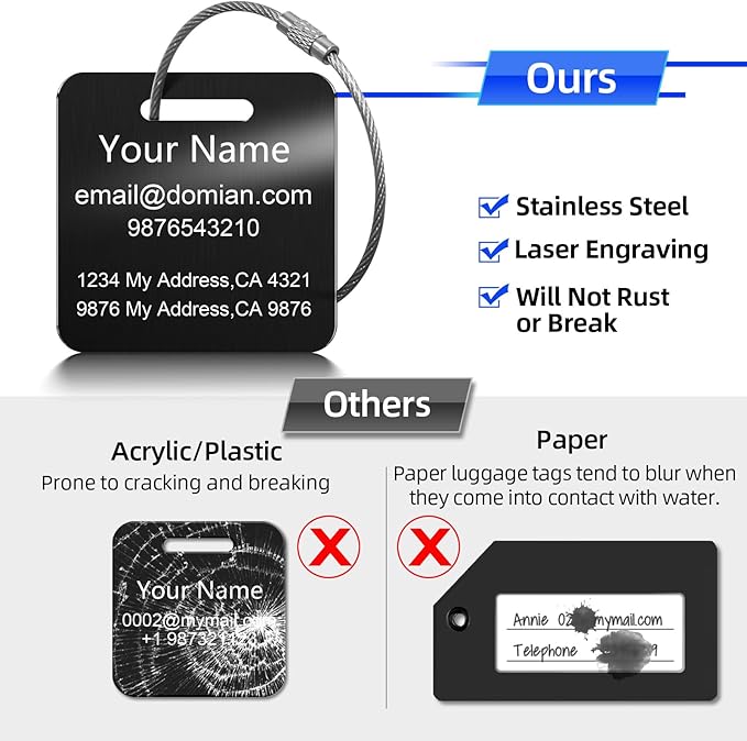 Stainless Steel Personalized Luggage Tags for Suitcases - Custom Name ID Travel Tags for Luggage, Backpacks and Bags - Metal Travel Essentials Accessories for Kids, Women and Men - Bulk Set (4 Pack)