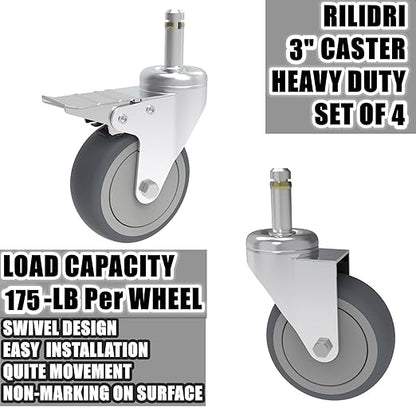 3-Inch Swivel Stem Caster, 7/16-Inch Stem Diameter Rubber Wheel, Heavy Duty TPR Replacement Wheels for Rubbermaid Mop Bucket Cart Grill Casters - 4 Pack (2 Brakes 2 Swivel)
