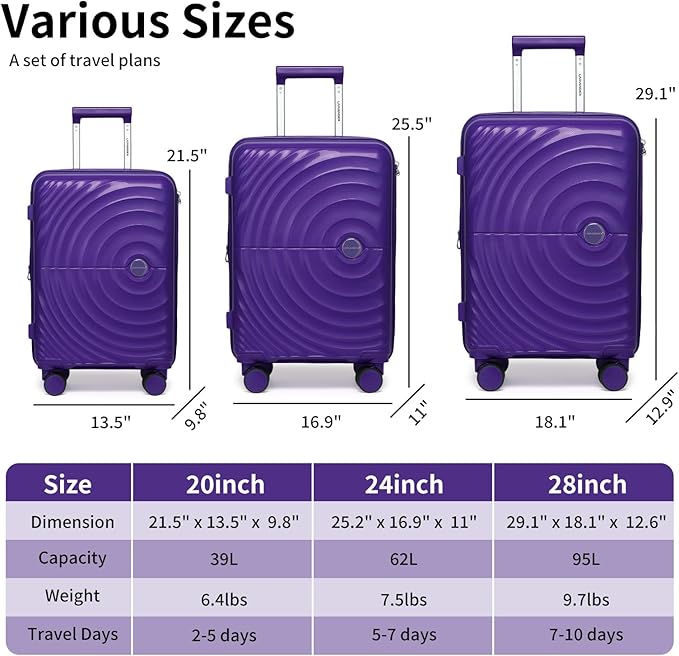LARVENDER Luggage Sets, Suitcase Set 3 Piece Expandable Luggage PP Lightweight Large Suitcases with Wheels for Women (28/24/20inch,Grape Purple)