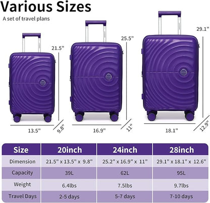 LARVENDER Luggage Sets, Suitcase Set 3 Piece Expandable Luggage PP Lightweight Large Suitcases with Wheels for Women (28/24/20inch,Grape Purple)
