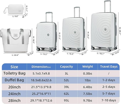LARVENDER Luggage Sets 5 Piece, PP Hardshell Suitcase Set, Carry on Luggage Set, Expandable Travel Luggage Set with TSA Lock, Large Suitcase with Spinner Wheels for Women Men(WHITE/20/24/28/DB/TB)