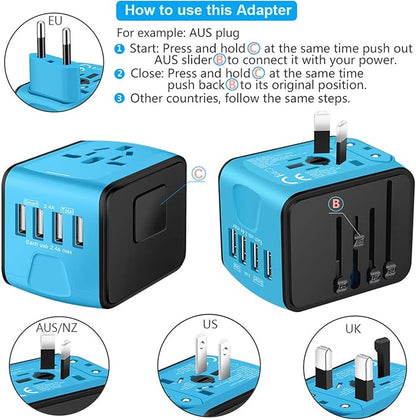 Universal International Travel Power Adapter W/Smart High Speed 2.4A 4xUSB Wall Charger, European Travel Plug Adapter, Worldwide AC Outlet for Europe, UK, US, AU, Asia-Blue