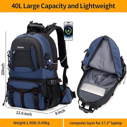 Nerlion 40L Hiking Backpack Travel Backpack for Men Women Camping Waterproof Outdoor Hiking Daypack Lightweight Backpack (Blue)