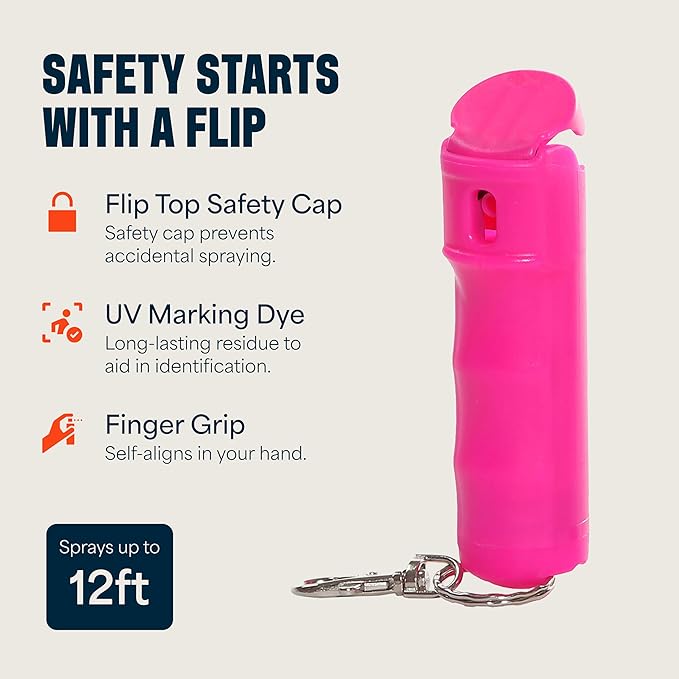 Mace Pepper Spray - Maximum Police Strength OC with UV Dye, Fast Flip Top, Ergonomic Finger Grip, Easy Carry Keychain, 12 Feet Range, 0.42 oz Compact Model, Self Defense Pepper Spray for Women & Men