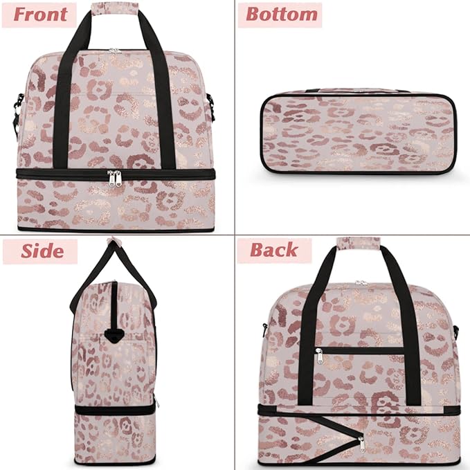 Leopard Print Foldable Travel Duffel Bag, Expandable Sports Gym Bag with Shoes Compartment Weekender Overnight Totes Bags for Women Men