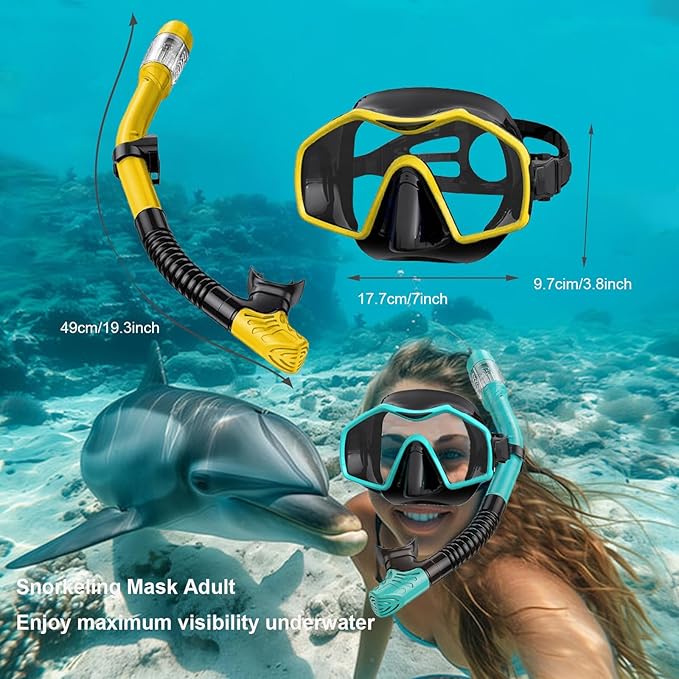Snorkeling Gear for Adults,Dry-Top Snorkel Mask Set with Tempered Glass,Anti-Fog & Anti-Leak Panoramic Swim Mask,Adjustable Snorkel Kit with Carry Bag for Scuba Diving,Swimming,Travel