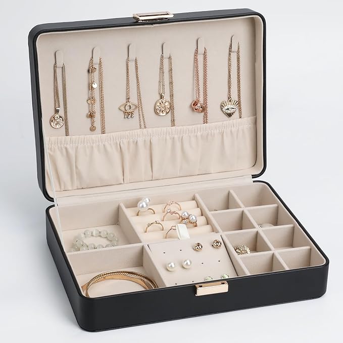 Jewelry Box, Portable Travel Jewelry Case Organizer with Removable Tray for Earrings, Necklaces, Rings Black