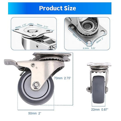 2 Inch Stainless Steel Caster Wheels Set of 4, Rustproof 360° Swivel Casters with Brake, Silent and Floor-FriendlyThermoplastic Rubber Wheels for Furnitures,Labs,Hospitals,Restaurants