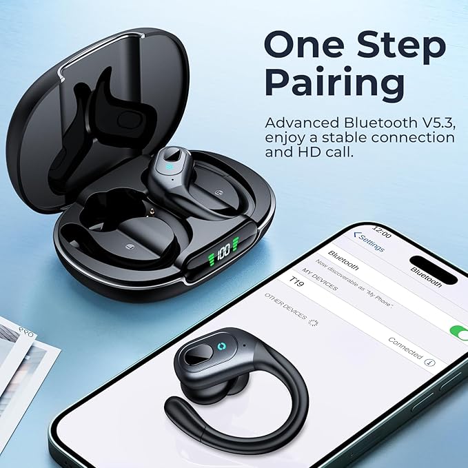 occiam Active Noise Cancelling Earbuds Wireless Bluetooth Headphones Ear Buds 90Hrs Playback Stereo Bass Earphones with Mic Over-Ear Hooks IPX7 Waterproof Headset for Work Sports Running Gym Black