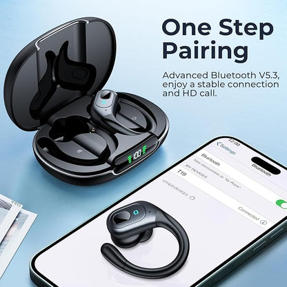 occiam Active Noise Cancelling Earbuds Wireless Bluetooth Headphones Ear Buds 90Hrs Playback Stereo Bass Earphones with Mic Over-Ear Hooks IPX7 Waterproof Headset for Work Sports Running Gym Black