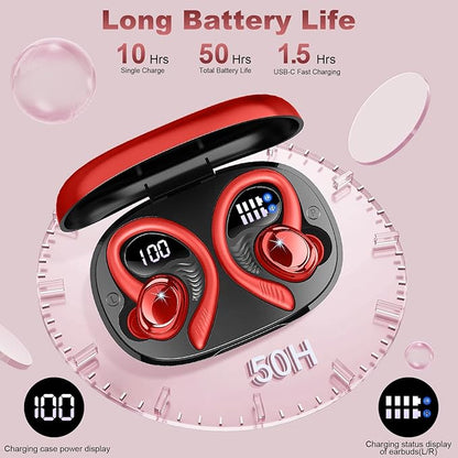 Wireless Earbuds Sport, New Bluetooth 5.4 Headphones with Earhooks, 50H Stereo Deep Bass Over Ear Buds with 4 ENC Noise Canceling Mics, IP7 Waterproof Earphones for Running Workout Gym -Red