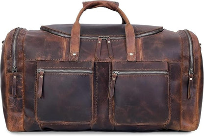 28" Vintage Duffel Classic Style with Modern Outlook Retro Thick Full Grain Cowhide Handmade Airplane Underseat Carry On Bags Leather Gym Overnight Luggage Bag