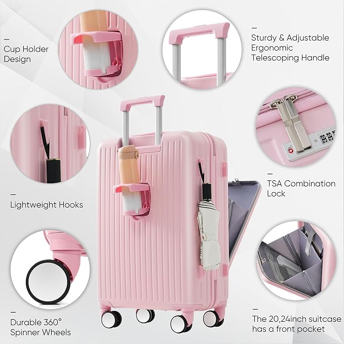 Luggage Sets 3 Pcs, Hardside Suit case with Front Pocket Cup Holder and TSA Lock